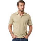 Light beige short-sleeved polo shirt with a spread collar and V-neck placket, made from a textured knit fabric.