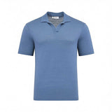 Blue short-sleeved polo shirt in a textured knit, featuring a spread collar and a V-neck placket.