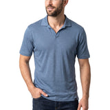 Blue short-sleeved polo shirt with a textured knit fabric and an open V-neck spread collar.