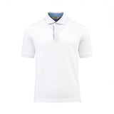 White short-sleeved polo shirt with a white collar, light blue inner collar, and a three-button placket with light blue linin