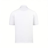 White short-sleeved polo shirt, back view. Features ribbed cuffs and a thin dark line along the inner collar edge.
