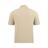 Men's short-sleeved polo shirt in beige pique knit, back view. Features a beige collar and ribbed sleeve cuffs.