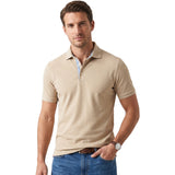 Men's short-sleeved beige pique polo shirt with a two-button placket, ribbed cuffs, and a light blue contrast collar lining.