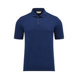 Navy blue short-sleeved men's polo shirt with a light blue inner contrast collar and a three-button placket.