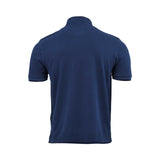 Men's navy blue short-sleeved polo shirt, back view. Features a ribbed collar and ribbed cuffs.