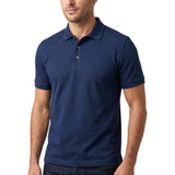 Navy blue short-sleeved polo shirt with pique knit texture, two dark buttons, and ribbed cuffs.