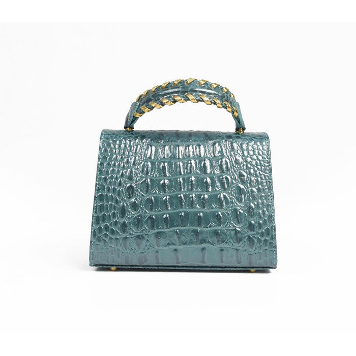 Rear view of the GAIA Victorian Mini bag highlighting the structured silhouette and the braided gold and teal leather top handle.