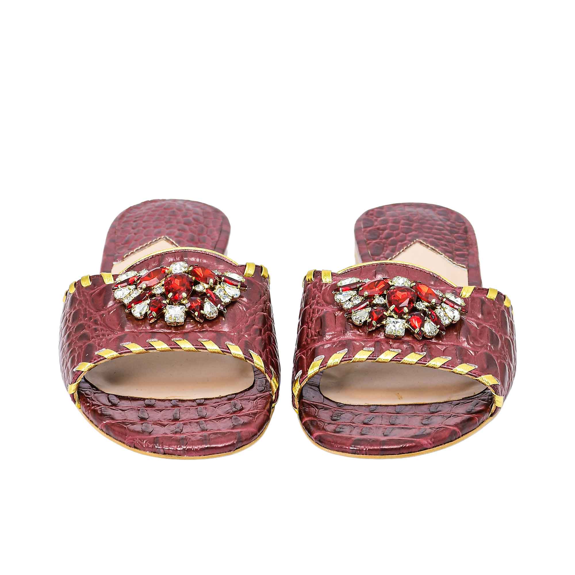 Front view of a pair of GAIA Maron flat sandals showcasing jeweled straps with red and white crystals from BLUE SALON.