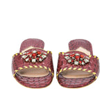 Front view of a pair of GAIA Maron flat sandals showcasing jeweled straps with red and white crystals from BLUE SALON.