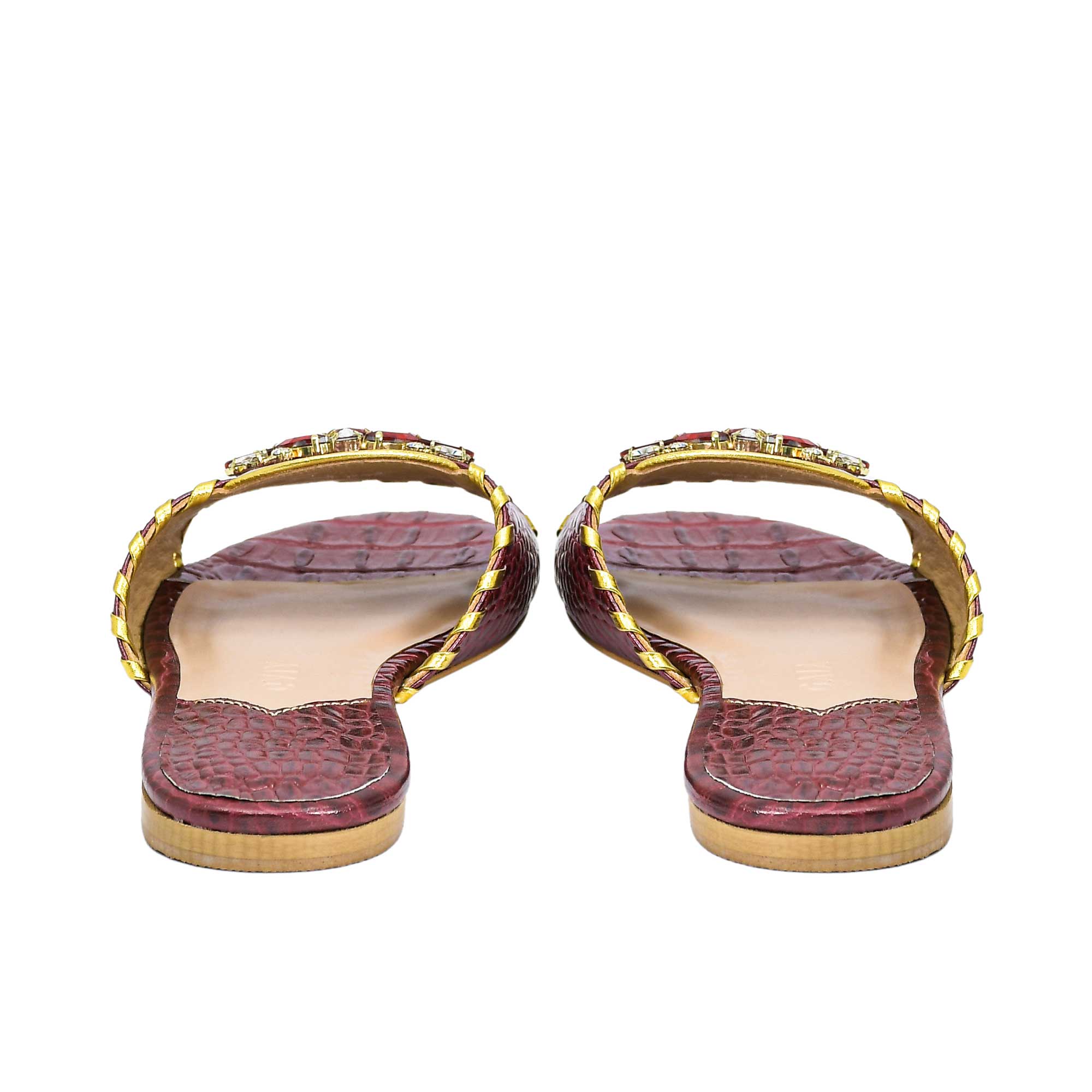 Rear view of GAIA Maron embossed leather slide sandals displaying the low heel structure from BLUE SALON.