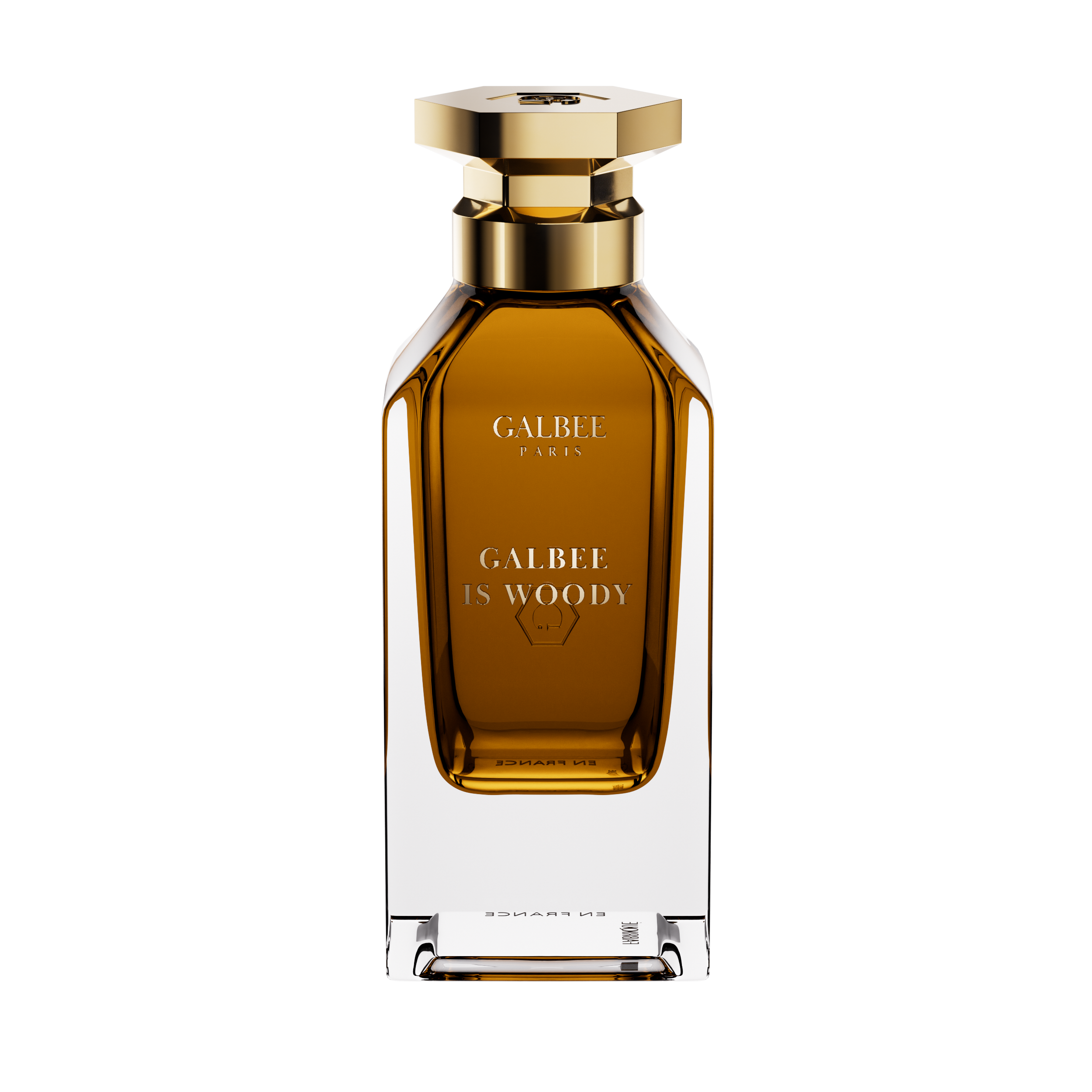 A front-facing view of the Galbee Is Woody perfume bottle, highlighting the gold-etched branding and the signature hexagonal emblem on the glass.