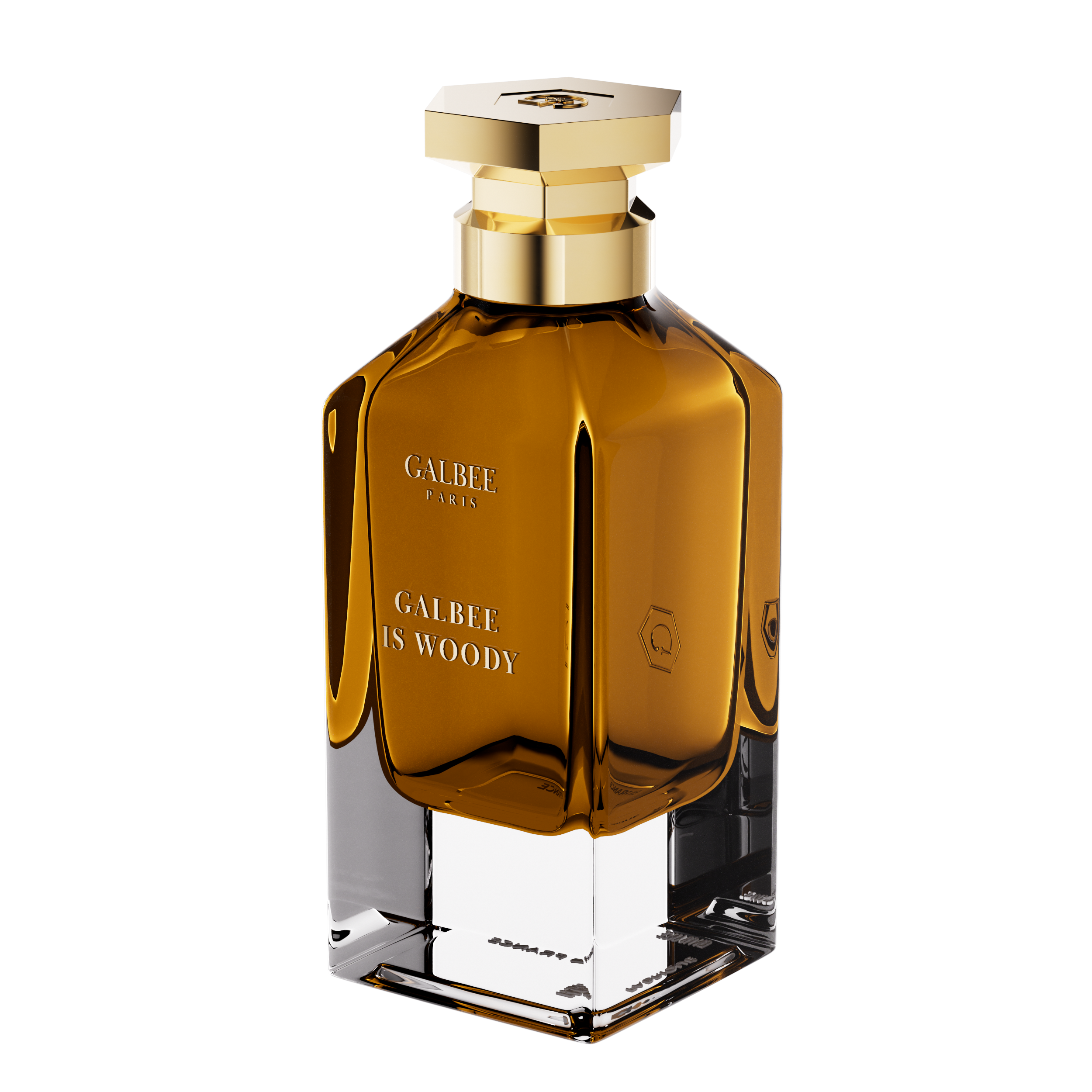 A three-quarter perspective view of the Galbee Paris Galbee Is Woody perfume bottle, showing its clear glass base, amber interior, and hexagonal gold cap.