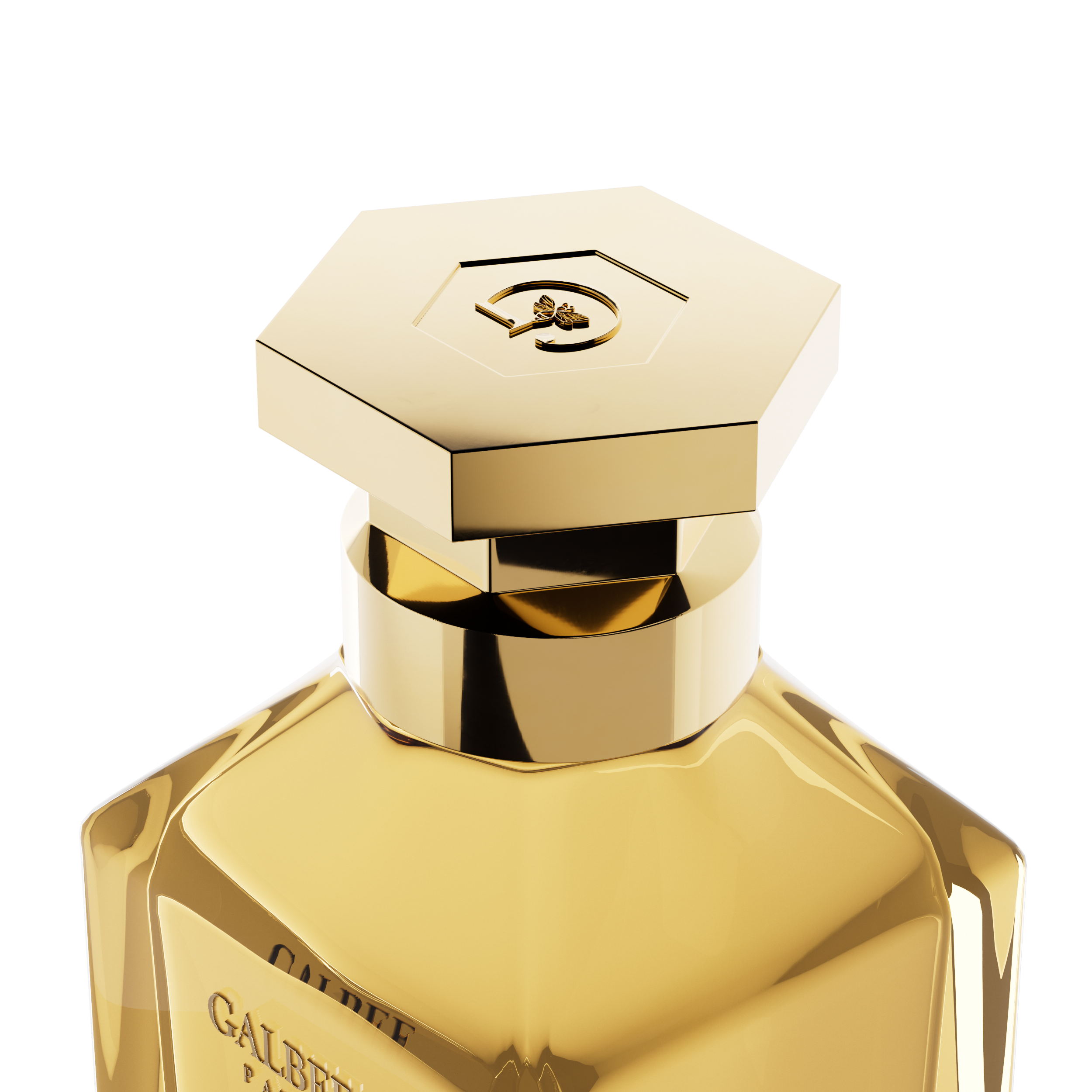 A close-up view of the golden hexagonal cap of the Galbee Paris perfume bottle, highlighting the intricate bee motif engraved on top.