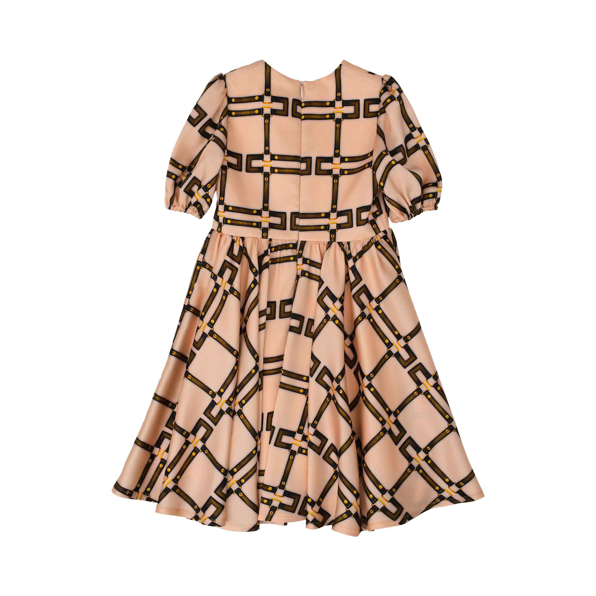 Back view of the Elisabetta Franchi Kids belt-print dress showing the concealed zip closure and the full, pleated skirt silhouette.