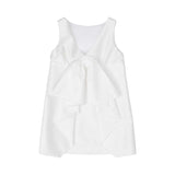 Back view of the Elisabetta Franchi Kids white dress showing a deep V-cut and a large, elegant sculptural satin bow.