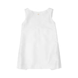 Front view of a minimalist white satin sleeveless dress for girls by Elisabetta Franchi Kids, featuring a small gold logo at the neck.