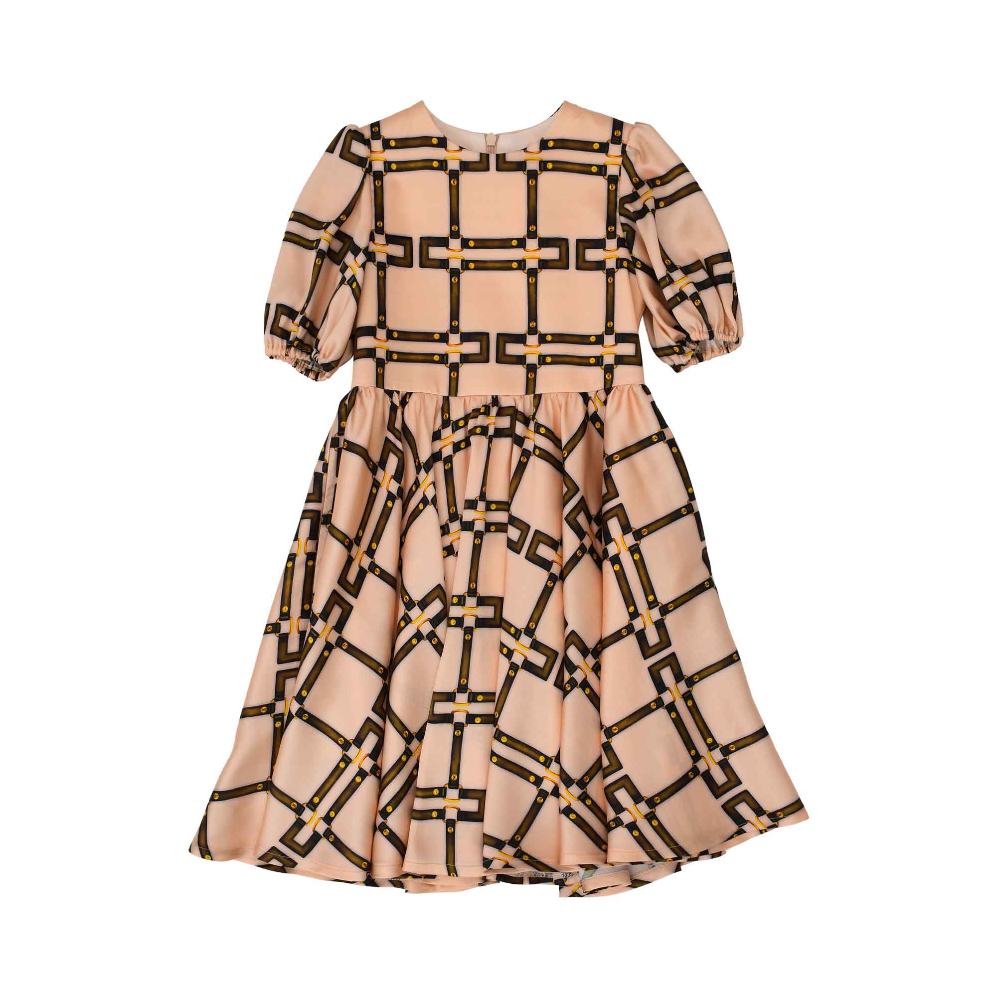 Front view of an Elisabetta Franchi Kids girls' peach-colored dress with a black and gold belt buckle pattern and short puff sleeves.