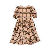 Front view of an Elisabetta Franchi Kids girls' peach-colored dress with a black and gold belt buckle pattern and short puff sleeves.