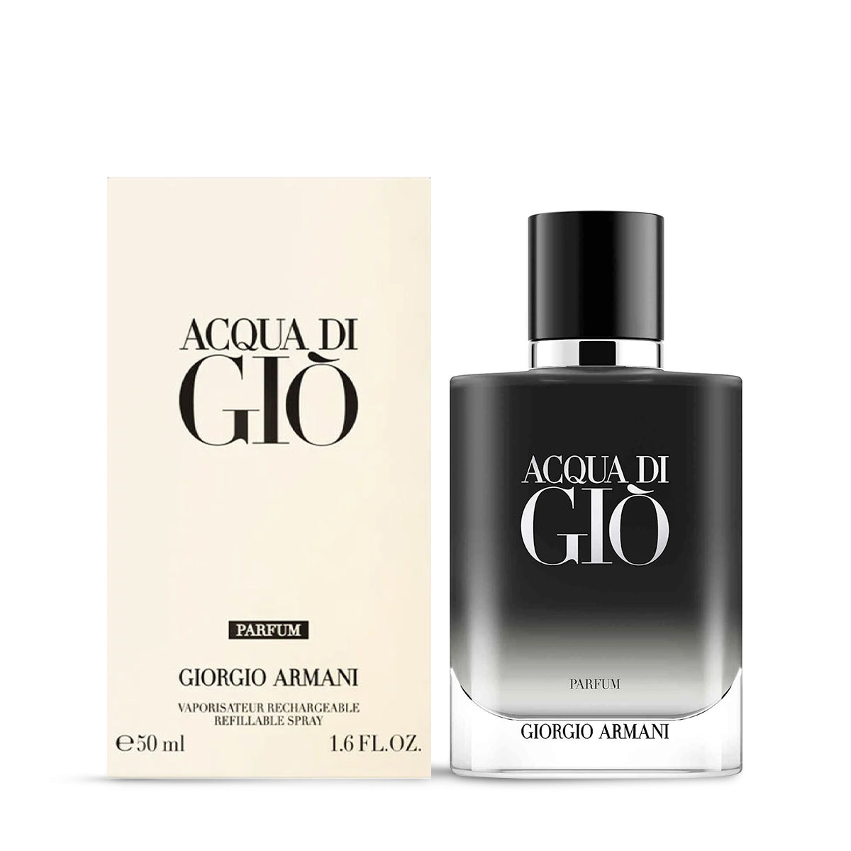 Giorgio Armani Men's Acqua Di Gio Parfum 50ml Giorgio Armani Acqua di Gio perfume bottle and packaging on a white background