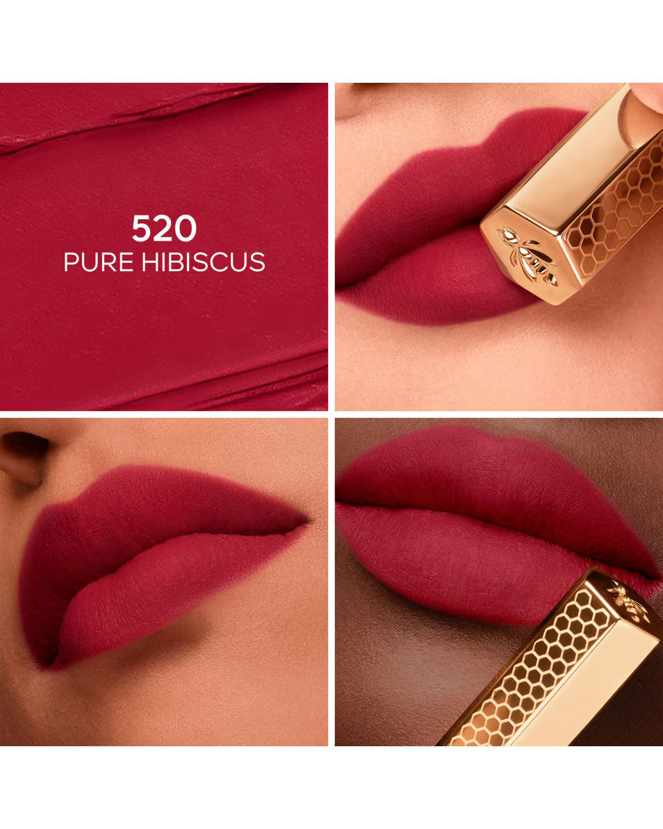 Collage of a red lipstick with a gold applicator labeled '520 Pure Hibiscus' on a white background.