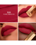 Collage of a red lipstick with a gold applicator labeled '520 Pure Hibiscus' on a white background.