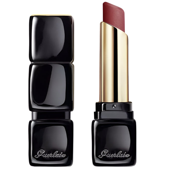 Guerlain Kiss Kiss Lips Tender Matte 214 Romantic Nude 3.5g Guerlain Kiss Kiss Lips Tender Matte lipstick in the shade 214 Romantic Nude, showing the closed and open tube with the golden applicator.