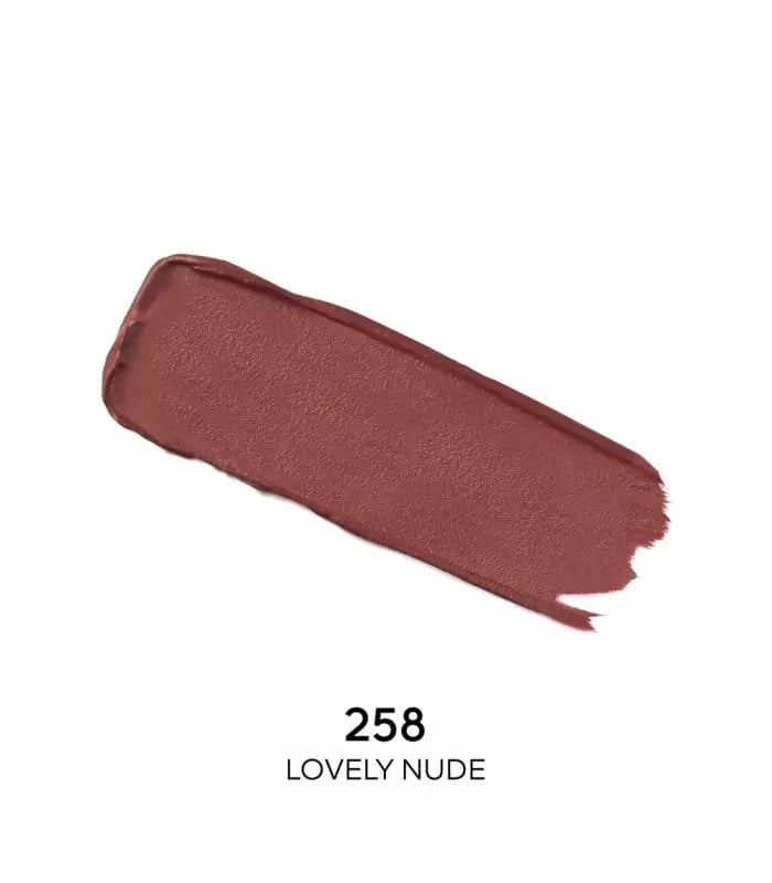 A swatch of Guerlain Kiss Kiss lipstick in the shade '258 Lovely Nude', showing a matte finish lip color.