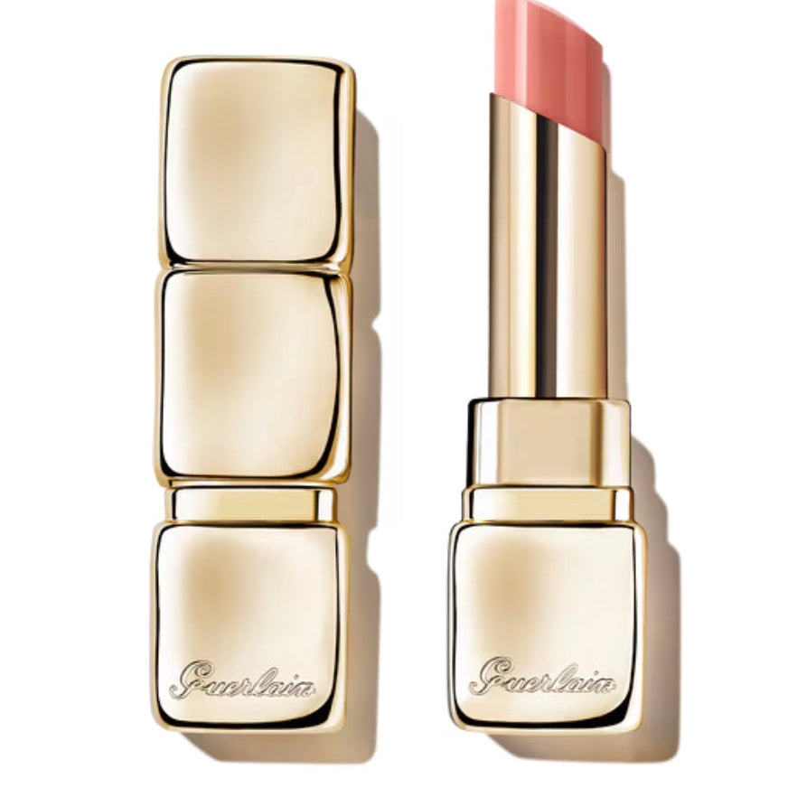 Guerlain Kisskiss Bee Glow Lip Balm 129 Cherry Glow 2.8g Guerlain Kisskiss Bee Glow Lip Balm in shade 129 Cherry Glow, with a golden, compact case displayed alongside the open balm.