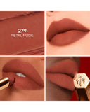 Collage of a lipstick in 'Petal Nude' shade 279 applied on lips with close-up details.