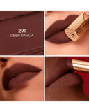 Collage of a brown lipstick with '291 Deep Dahlia' text, applied on skin.