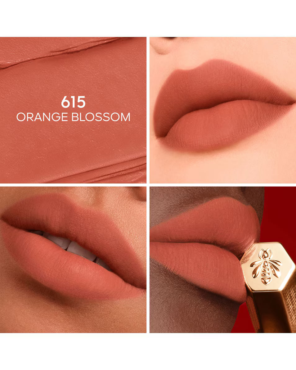 Lipstick shade 615 Orange Blossom shown on lips and close-up of lipstick.