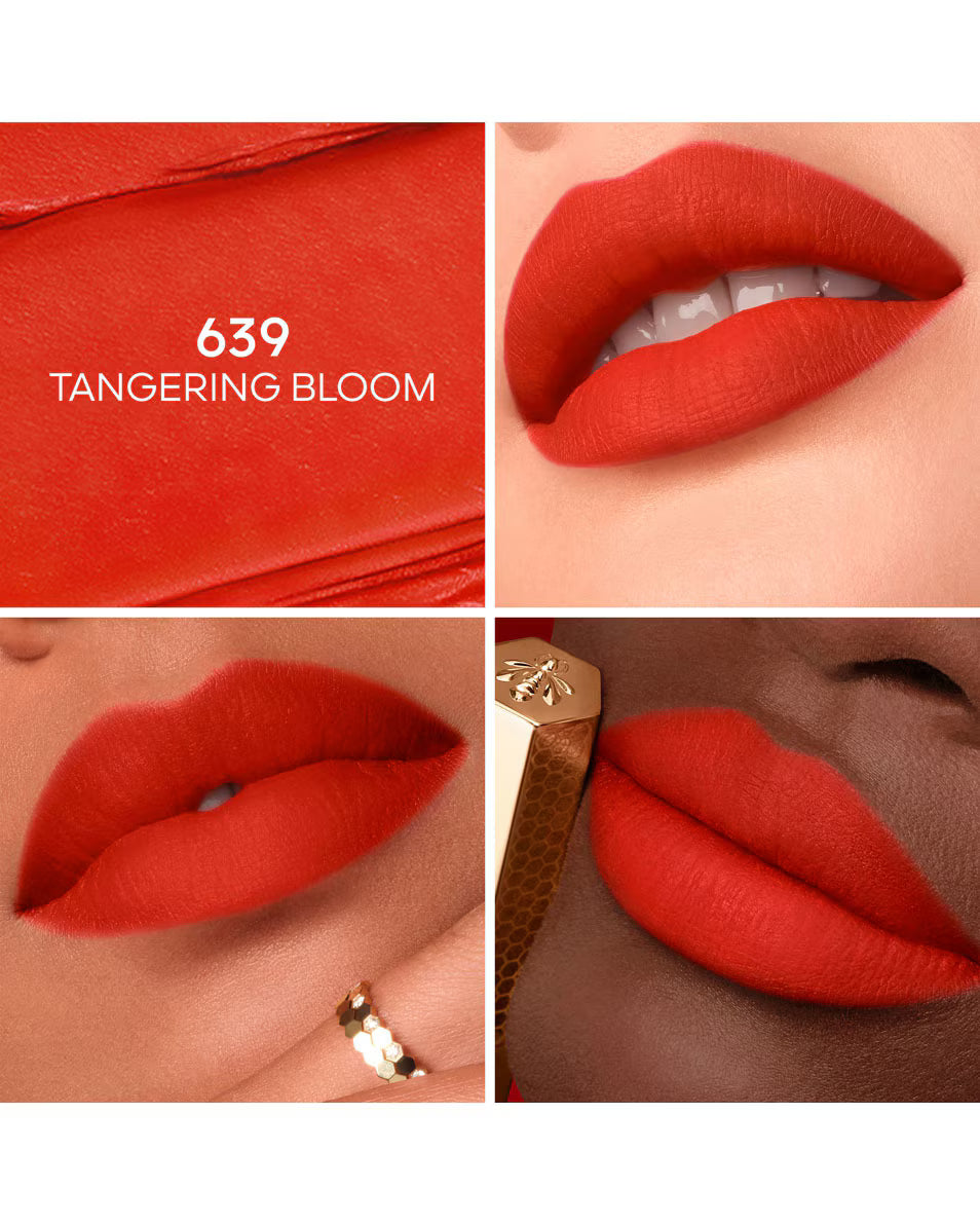 Collage of a red lipstick shade 639 Tangerine Bloom applied to lips.