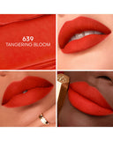 Collage of a red lipstick shade 639 Tangerine Bloom applied to lips.