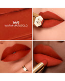Collage of a lipstick with '668 Warm Marigold' color swatch, applied on lips and close-up of lipstick.