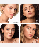 A collage of four models showcasing radiant skin finishes using Guerlain Terracotta Joli Teint in shades 10 Sunveil and 20 Golden, from blue salon.