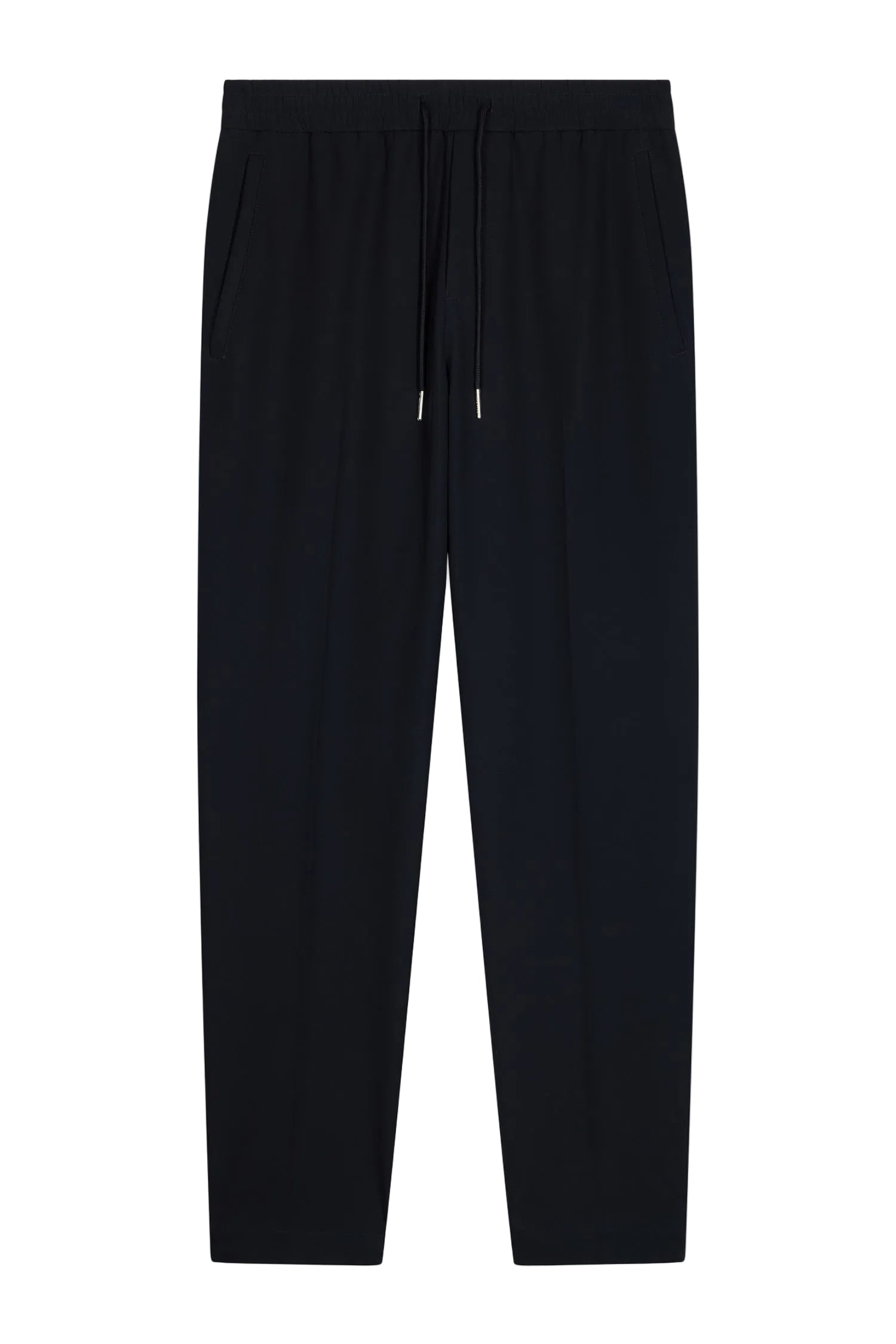 Navy blue men's trousers with an elasticated drawstring waist, silver-toned aglets, and side pockets.