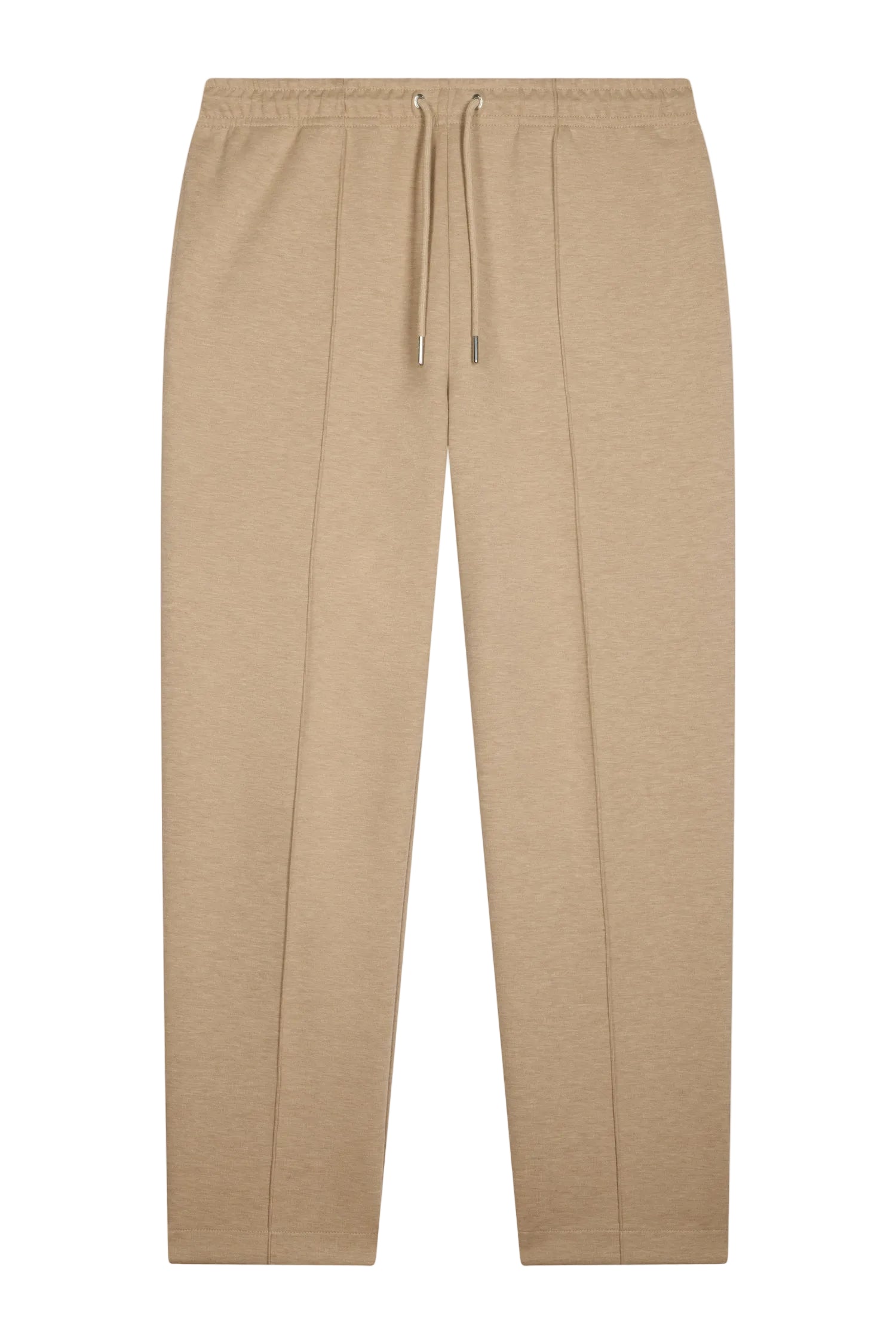 Tan jogging pants with an elasticated drawstring waist, silver-toned aglets, and prominent vertical front seams.