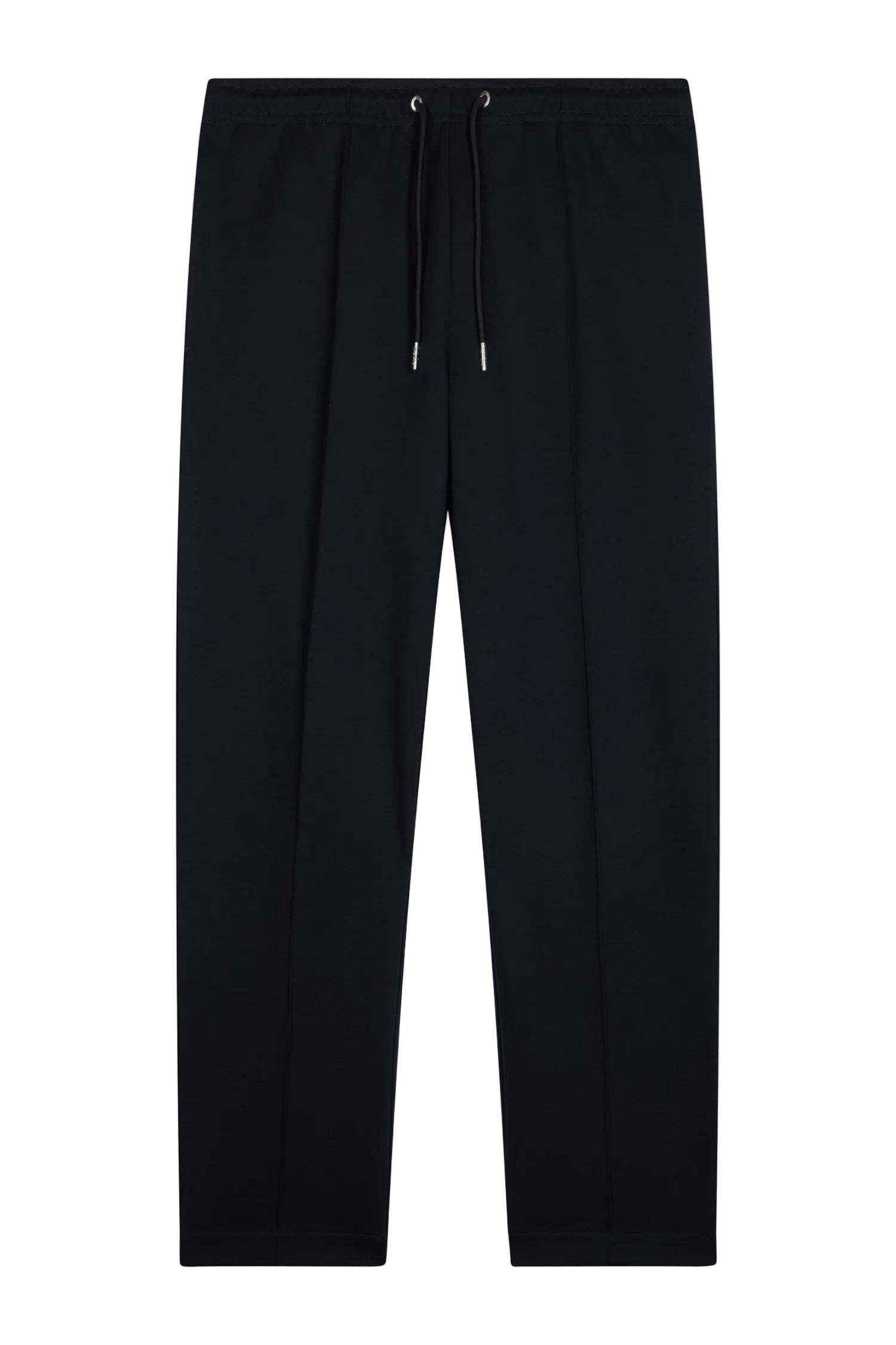 Black jogging pants with an elasticated drawstring waist, silver-toned tips, and vertical stitched creases down each leg.
