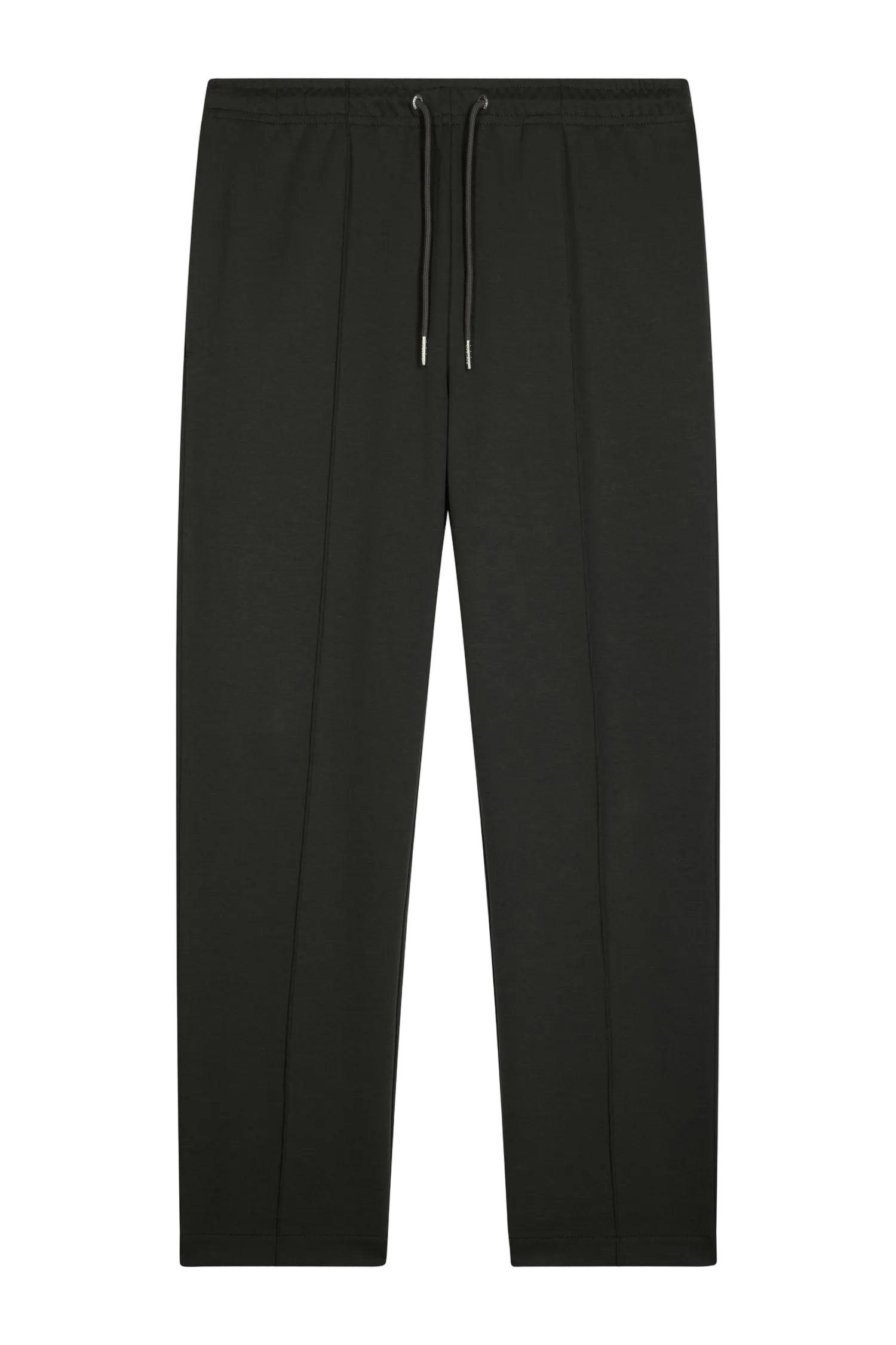 Black jogging pants with an elastic waistband, dark grey drawstring with silver-toned tips, and vertical front seams on each