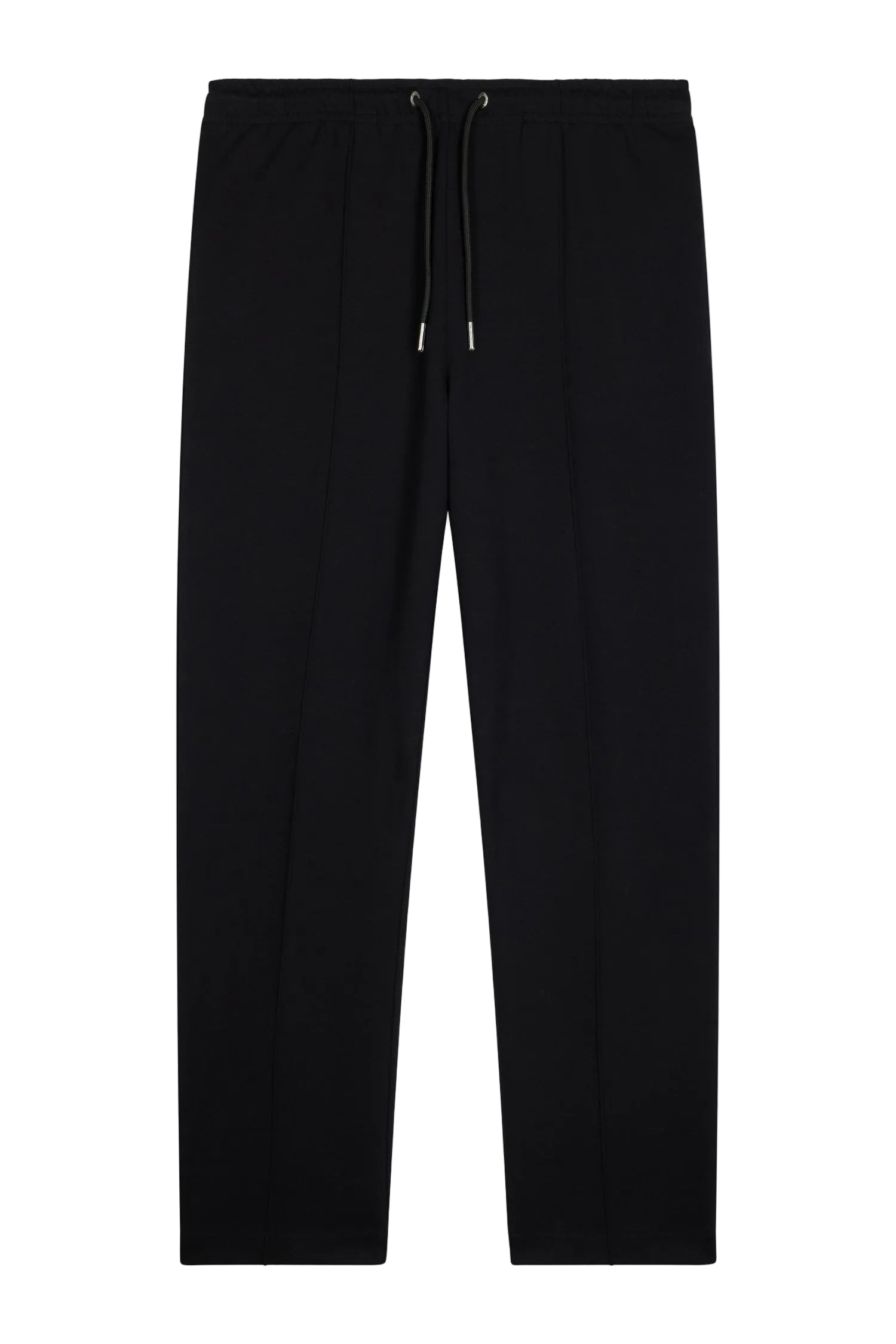 Black men's jogging pants with an elasticated waistband, drawstring closure with silver-toned aglets, and vertical front seam