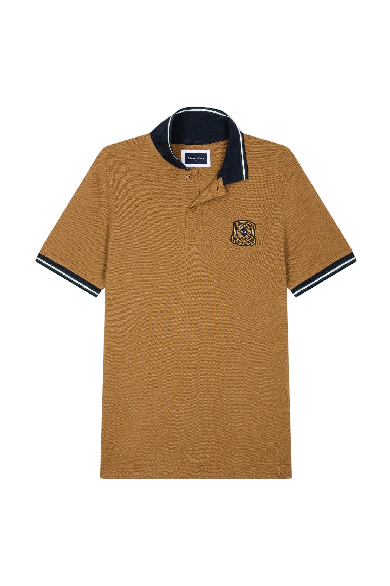 Bistre short-sleeved men's polo shirt with a navy and white striped collar, two-button placket, and embroidered crest.