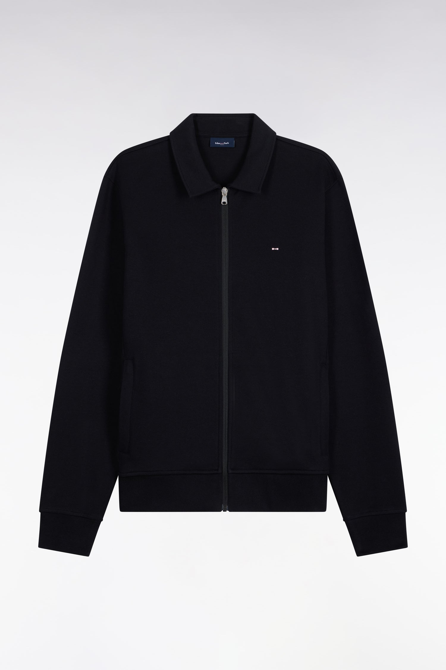 Black collared full-zip sweatshirt with silver-toned zipper, two welt pockets, ribbed cuffs and hem, and a white logo on the