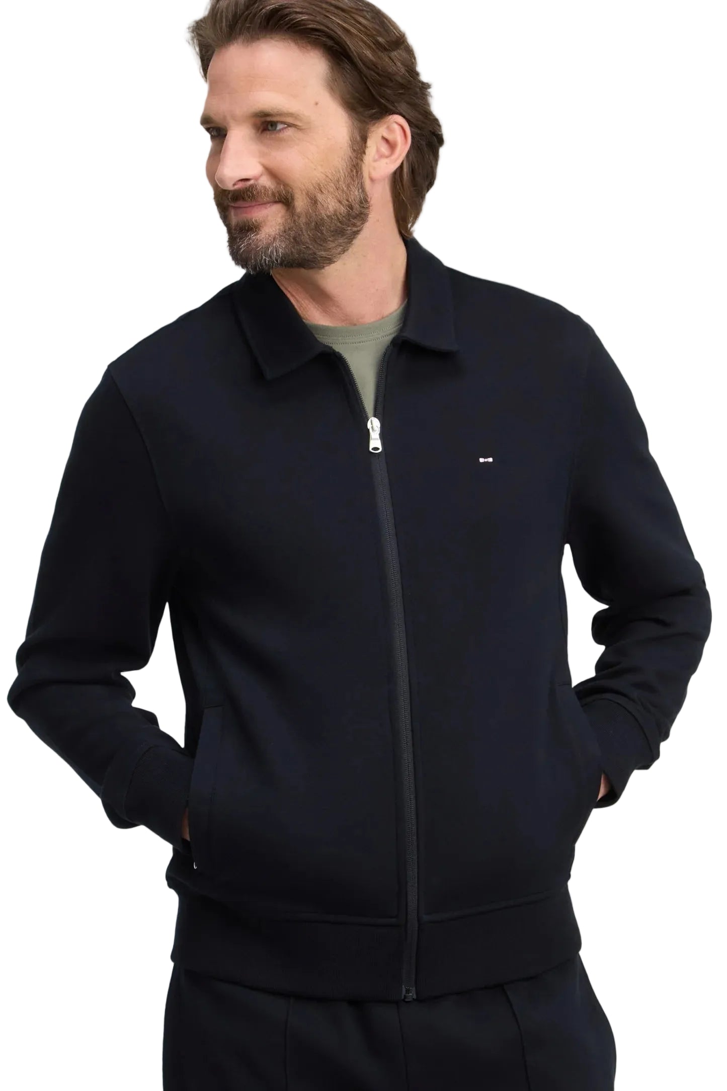 Black full-zip sweatshirt with a pointed collar, silver-toned zipper, ribbed cuffs and hem, and a small white logo on the lef