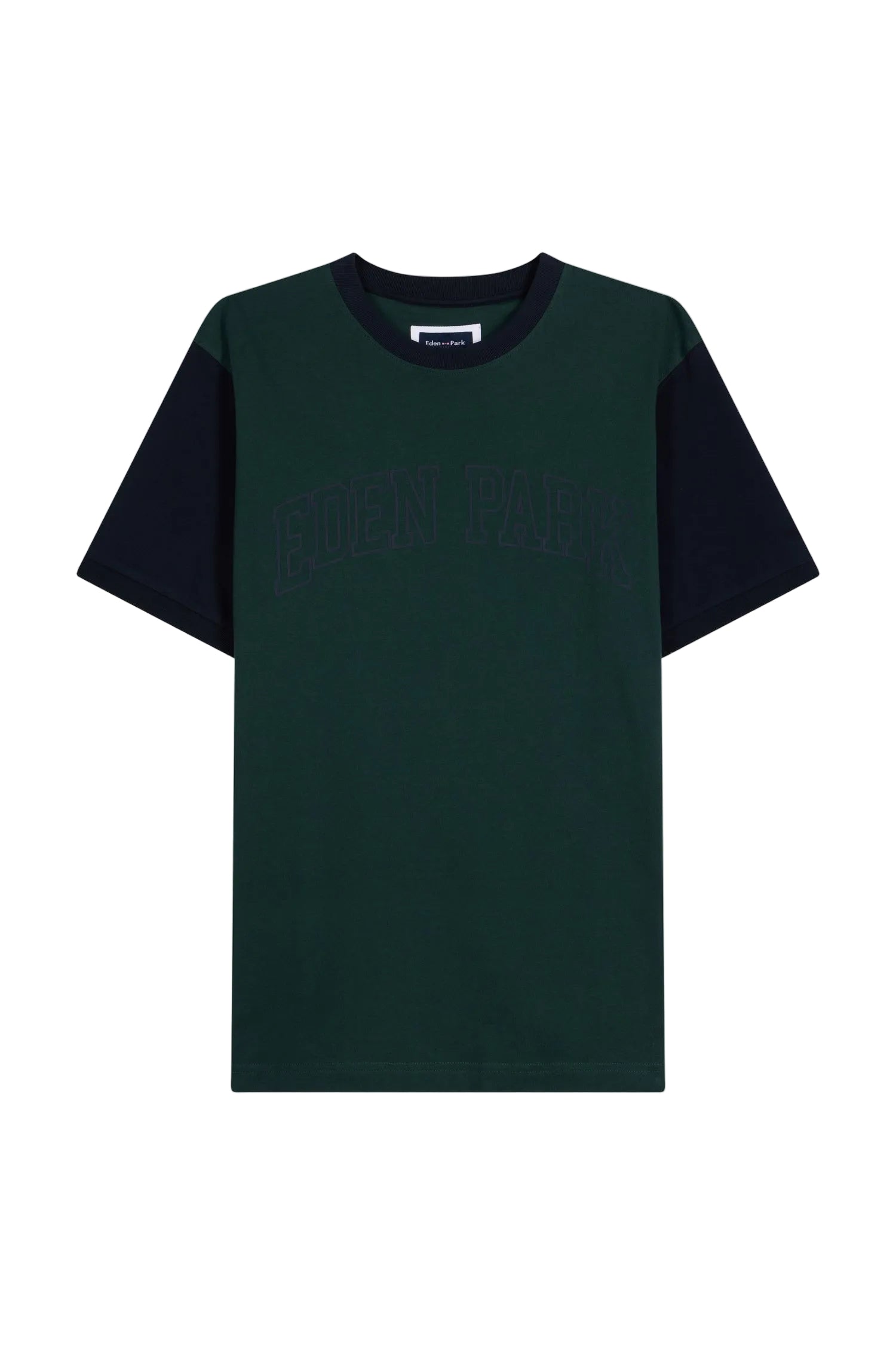 Dark green men's T-shirt with navy short sleeves and collar, featuring embroidered 'EDEN PARK' text on the chest.