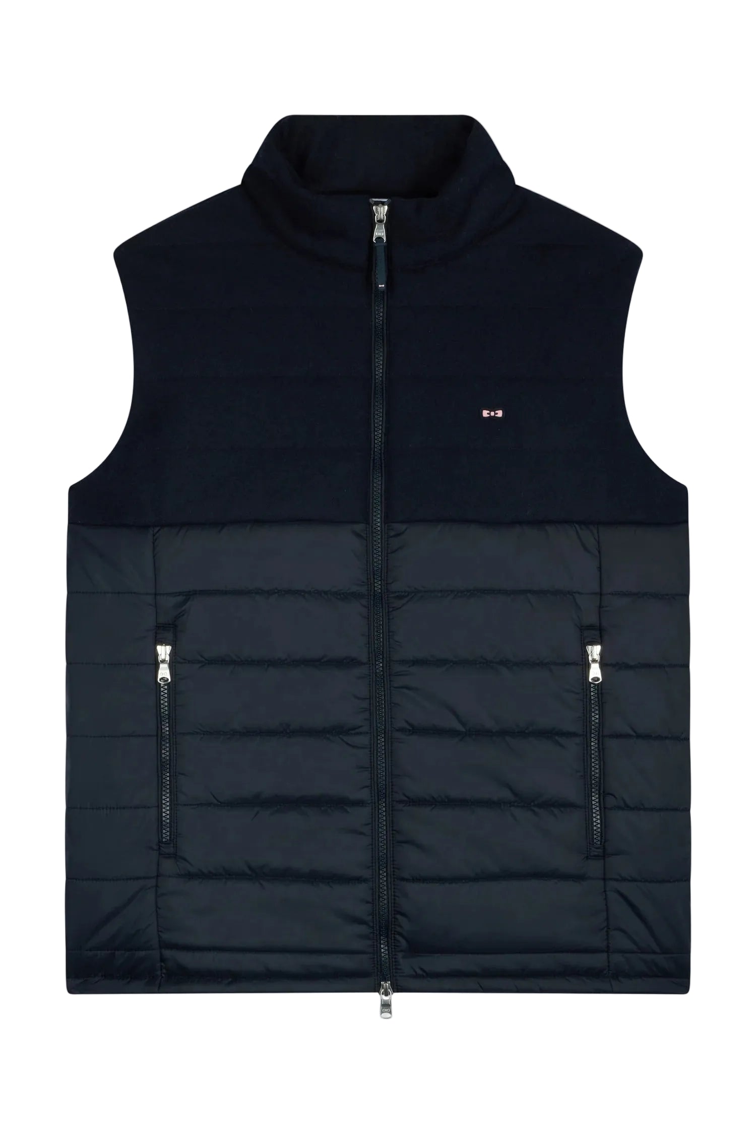 Navy blue vest with knit upper, quilted lower. High collar, full-zip front with silver-toned pull, two zippered pockets, smal