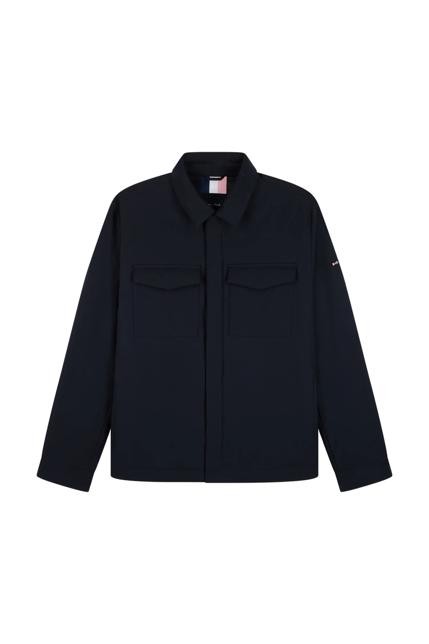Dark blue men's collared jacket with two chest flap pockets and a small brand emblem on the left sleeve.