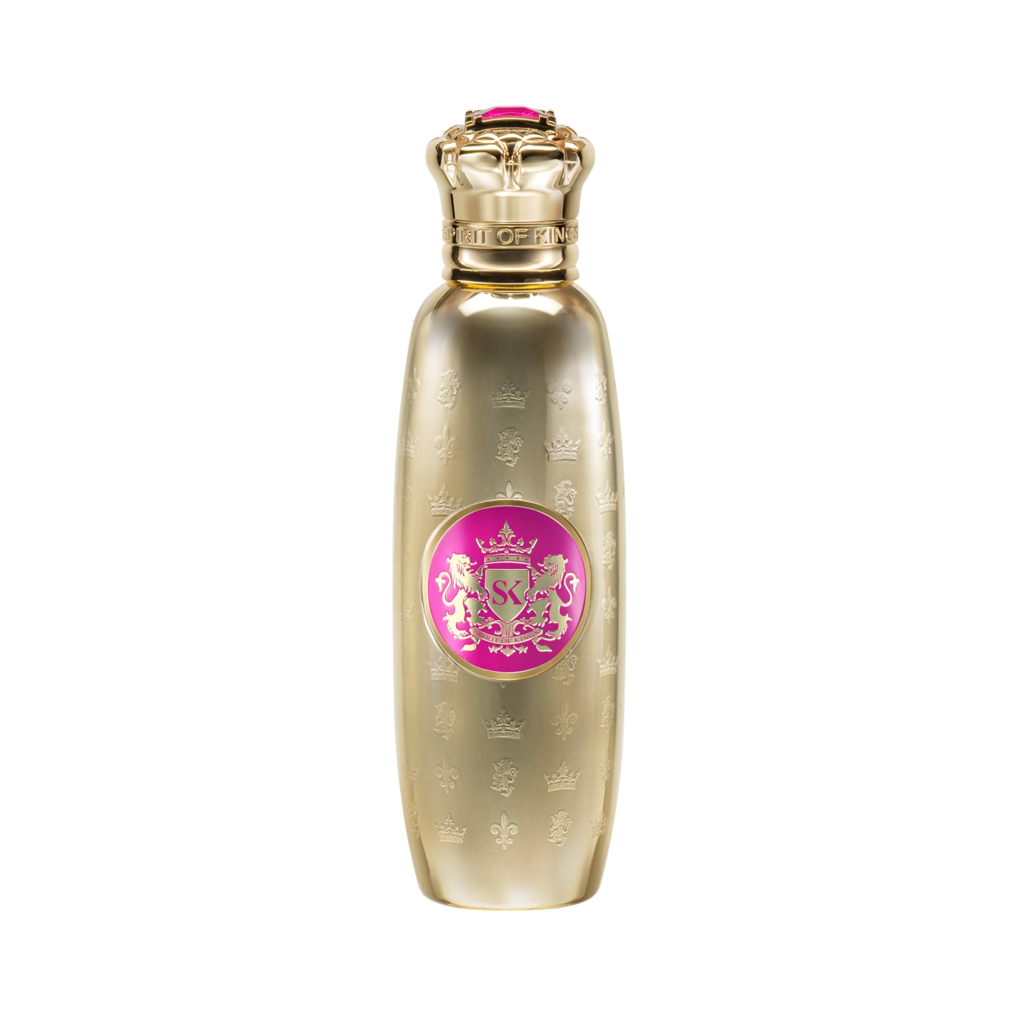 Gold-toned perfume bottle with an ornate cap, embossed crown and fleur-de-lis patterns, and a central pink and gold emblem.