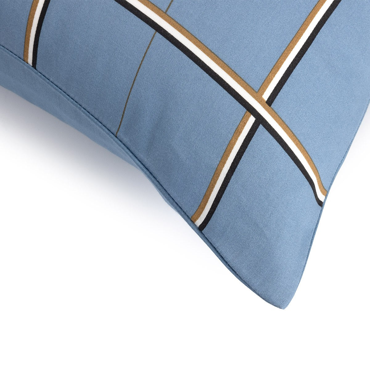 Light blue duvet cover with intersecting diagonal stripes in white, black, and brown.