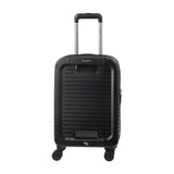 Black suitcase with visible brand logo on a light gray background