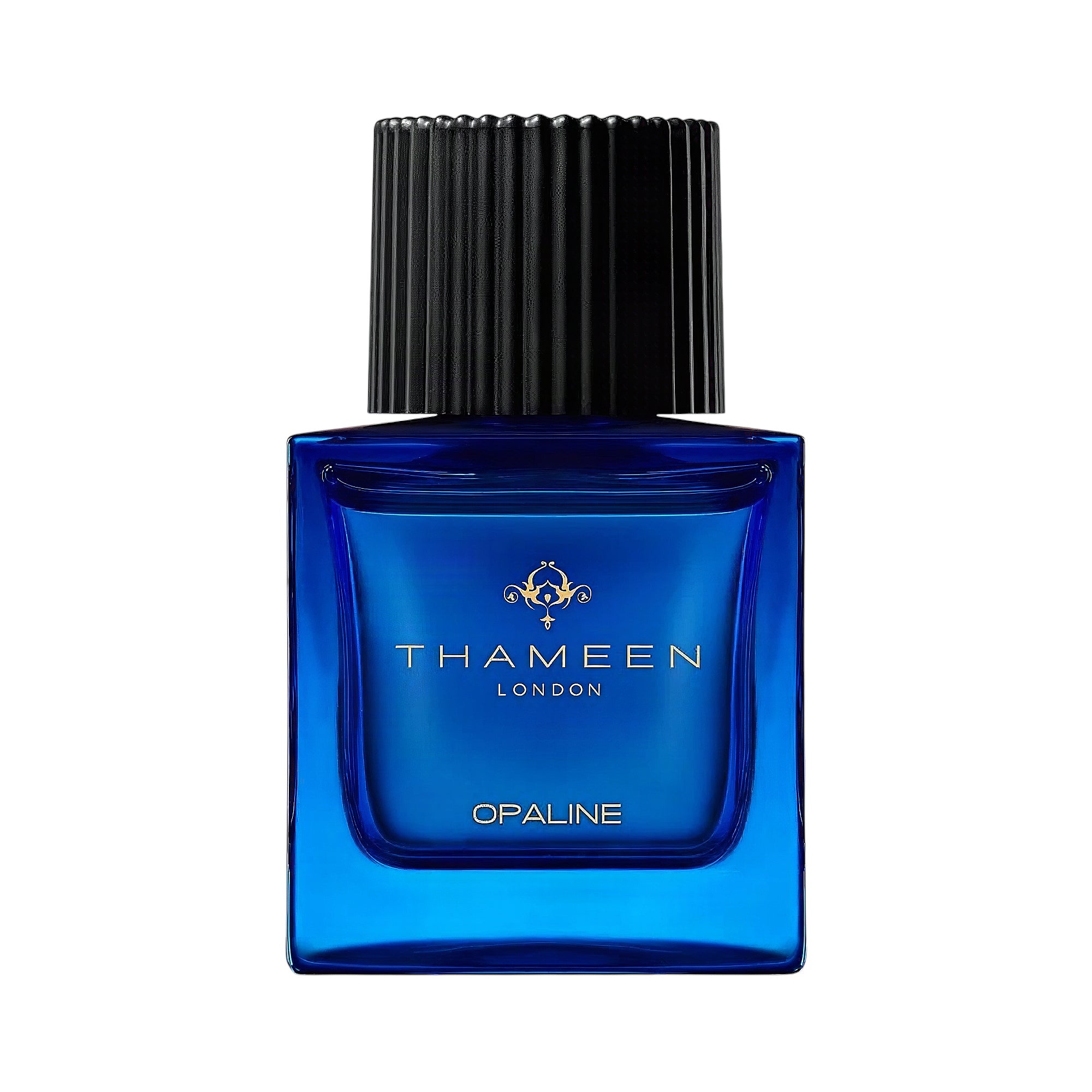 Blue rectangular glass perfume bottle with a black ribbed cap and gold-toned THAMEEN logo.